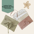 Two fabric laptop sleeves displayed on a light beige background, one in green and white gingham with a green ribbon tie, and one in dusty pink linen with a pink ribbon tie. A white satin sleeve is partially visible behind them.