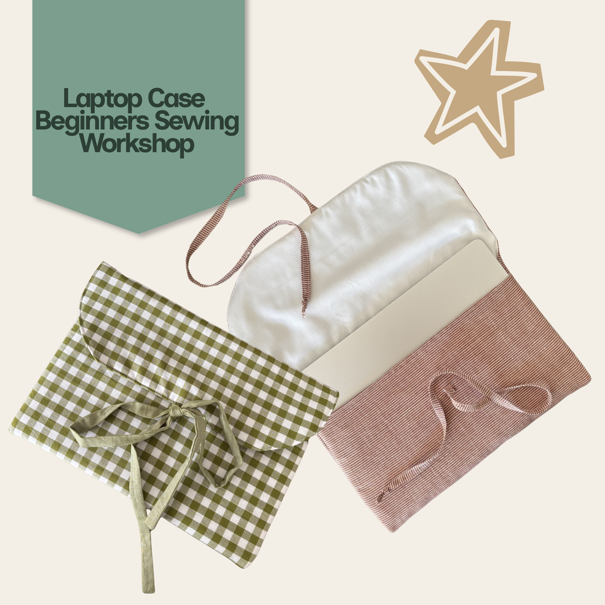 Two fabric laptop sleeves displayed on a light beige background, one in green and white gingham with a green ribbon tie, and one in dusty pink linen with a pink ribbon tie. A white satin sleeve is partially visible behind them.