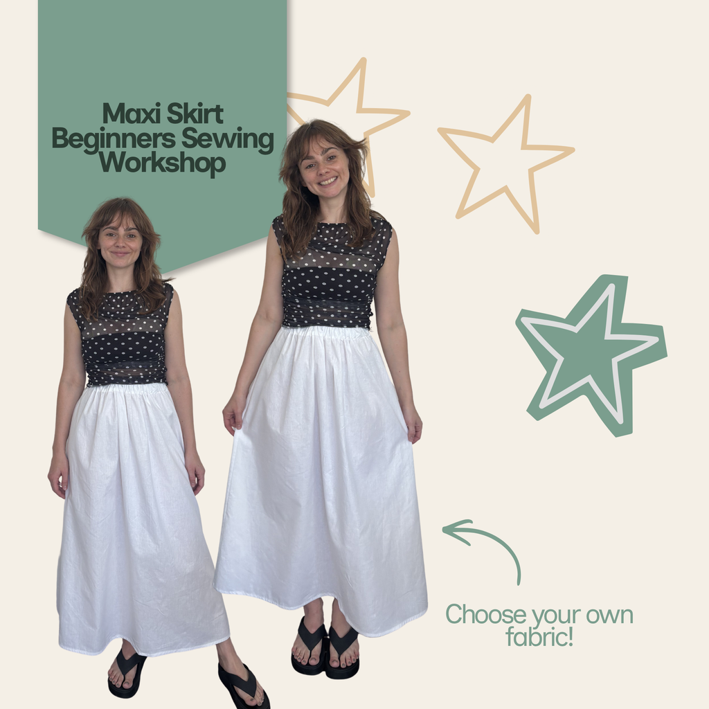 A promotional graphic for a maxi skirt beginners sewing workshop, showing two views of a white maxi skirt with a black polka-dot sleeveless top. The graphic includes text reading 'Maxi Skirt Beginners Sewing Workshop' and 'Choose your own fabric!' on a light beige background with green and tan star doodles.